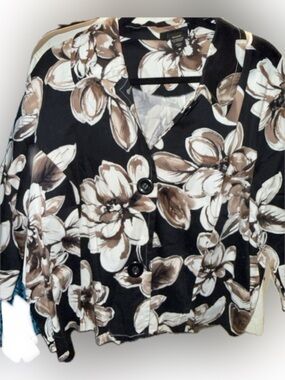 Lane Bryant Black Floral Button-Down Top with Brown and Cream Blooms